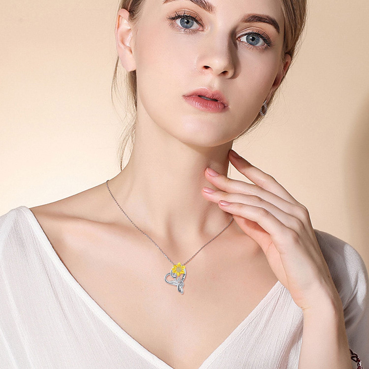 Sterling Silver Two-tone Circular Shaped Cubic Zirconia Sunflower & Heart Pendant Necklace with Engraved Word