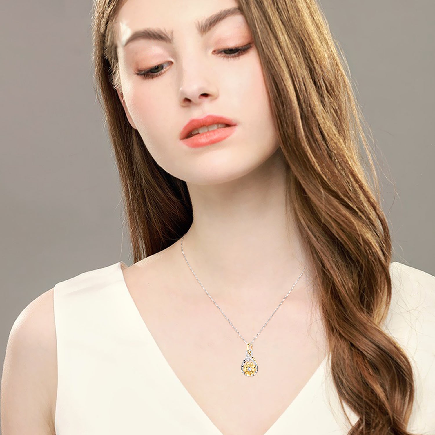 Sterling Silver Two-tone Circular Shaped Cubic Zirconia Sunflower & Infinity Symbol Pendant Necklace with Engraved Word