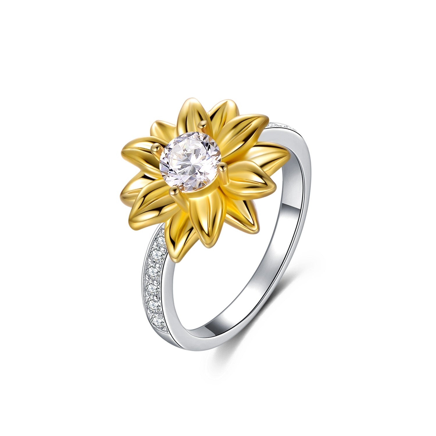 Sterling Silver Two-tone Round Shaped Cubic Zirconia Sunflower Ring