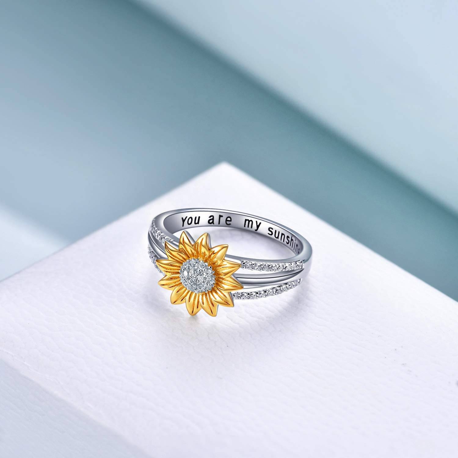 Sterling Silver Two-tone Round Shaped Cubic Zirconia Sunflower Ring with Engraved Word