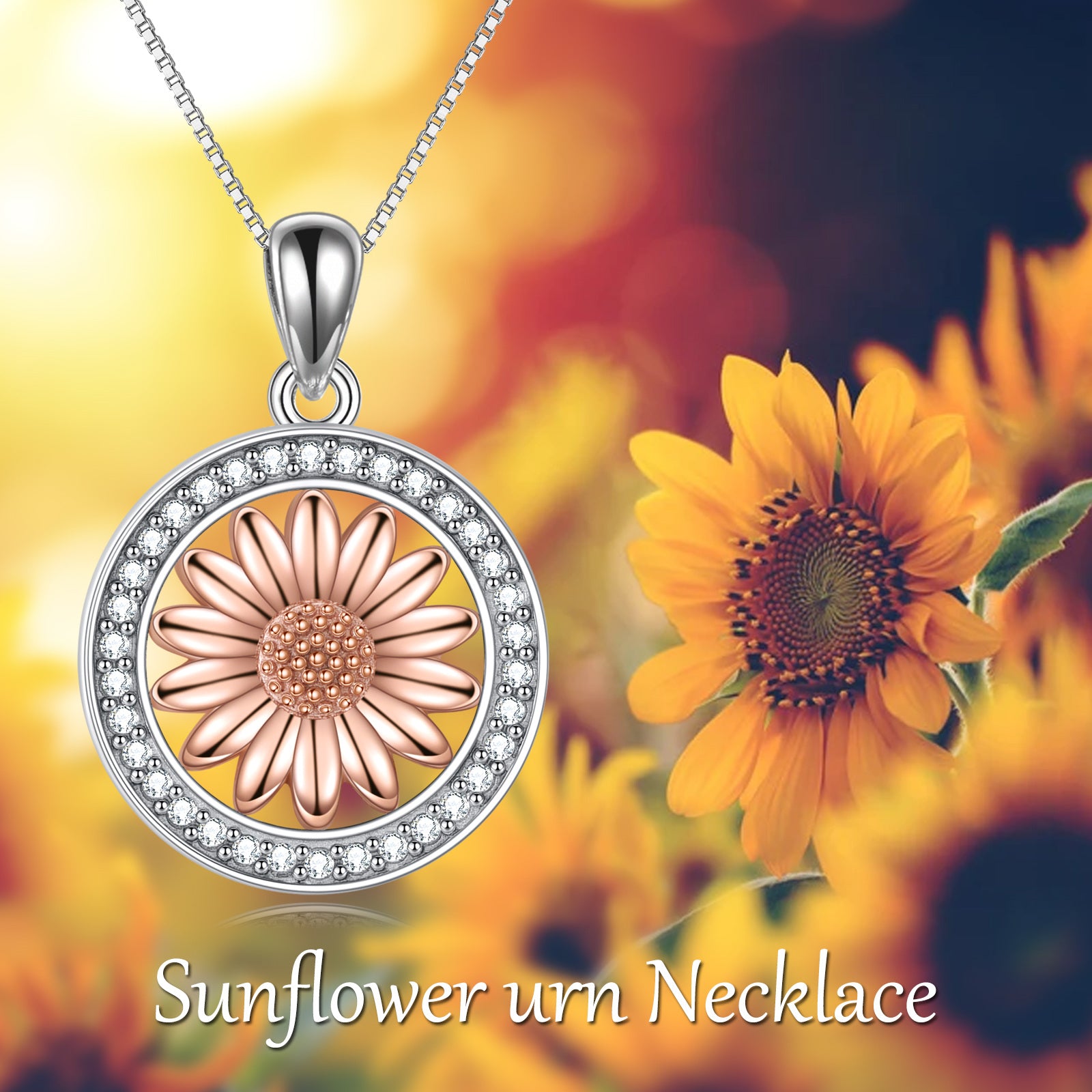 Sterling Silver Two-tone Circular Shaped Cubic Zirconia Sunflower Urn Necklace for Ashes