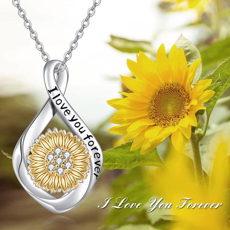 Sterling Silver Two-tone Circular Shaped Cubic Zirconia Sunflower Urn Necklace for Ashes with Engraved Word