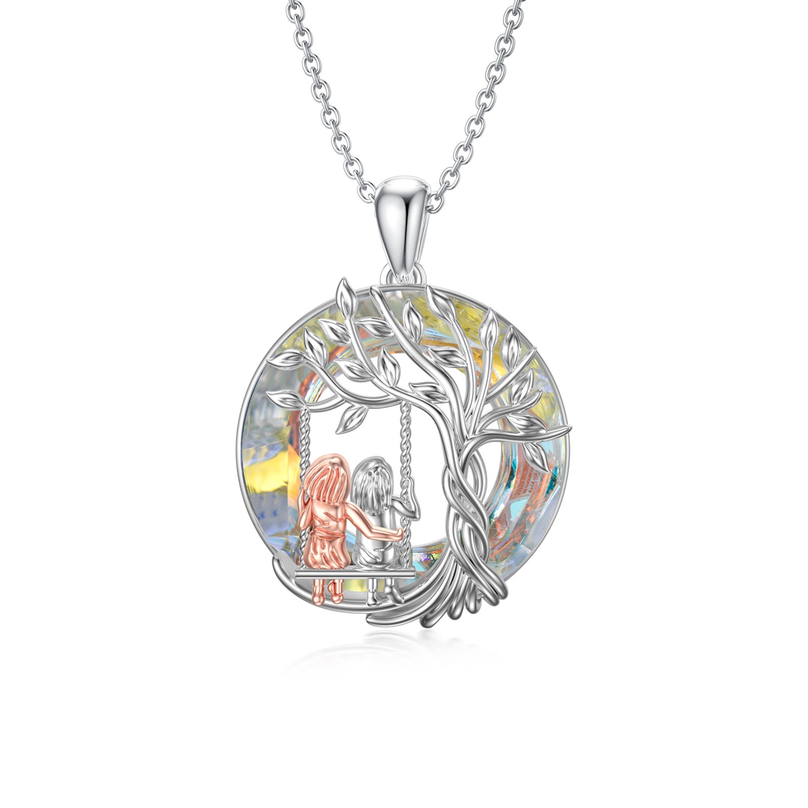 Sterling Silver Two-Tone Circular Crystal Tree Of Life Sisters Swing Pendant Necklace For Women