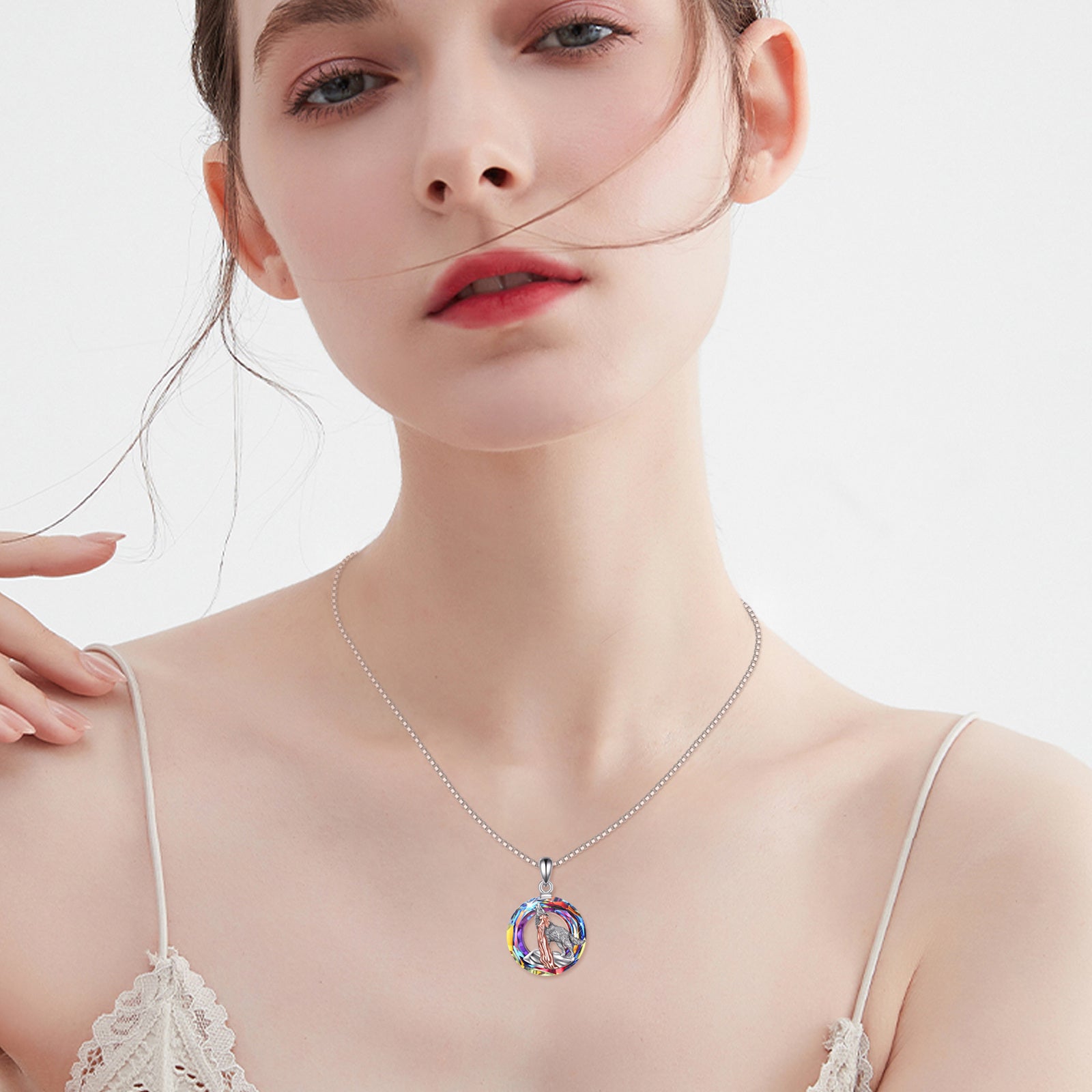 Sterling Silver Two-tone Circular Shaped Vintage Wolf & Girl Crystal Pendant Necklace