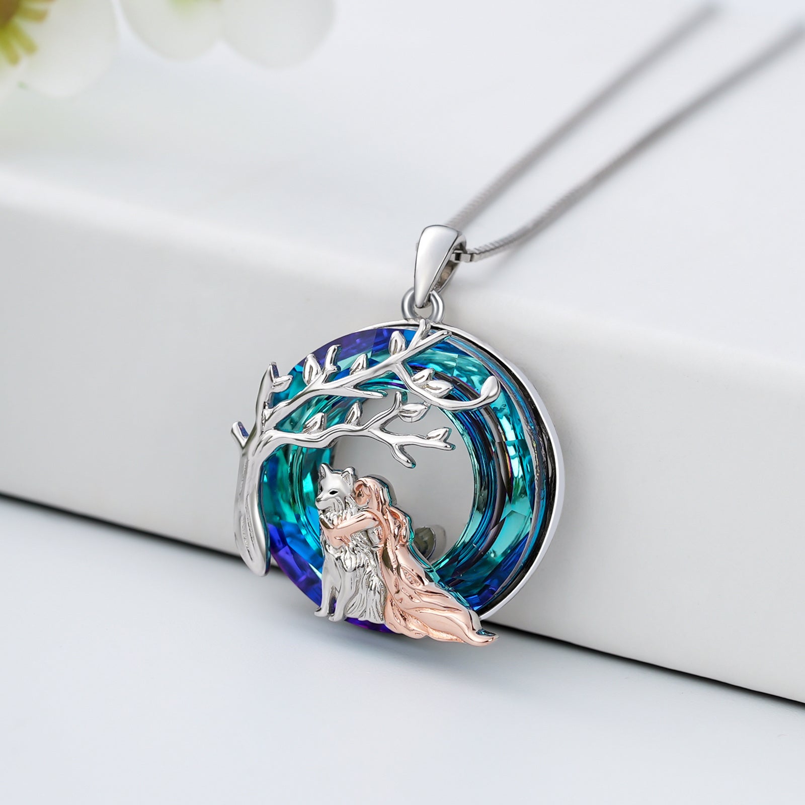 Sterling Silver Two-tone Circular Shaped Wolf & Girl Crystal Pendant Necklace
