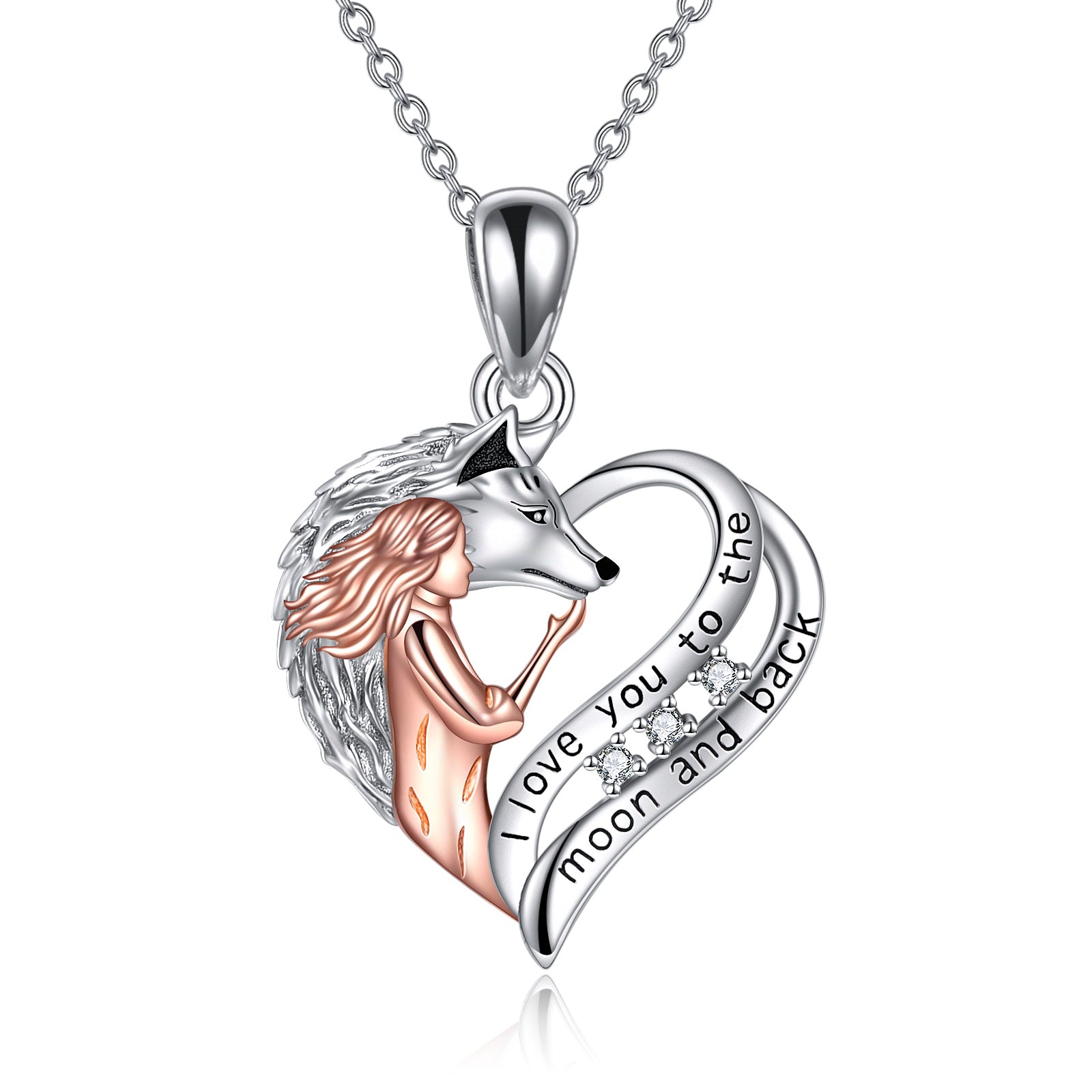 Sterling Silver Two-tone Wolf & Heart Engraved Necklace for Women