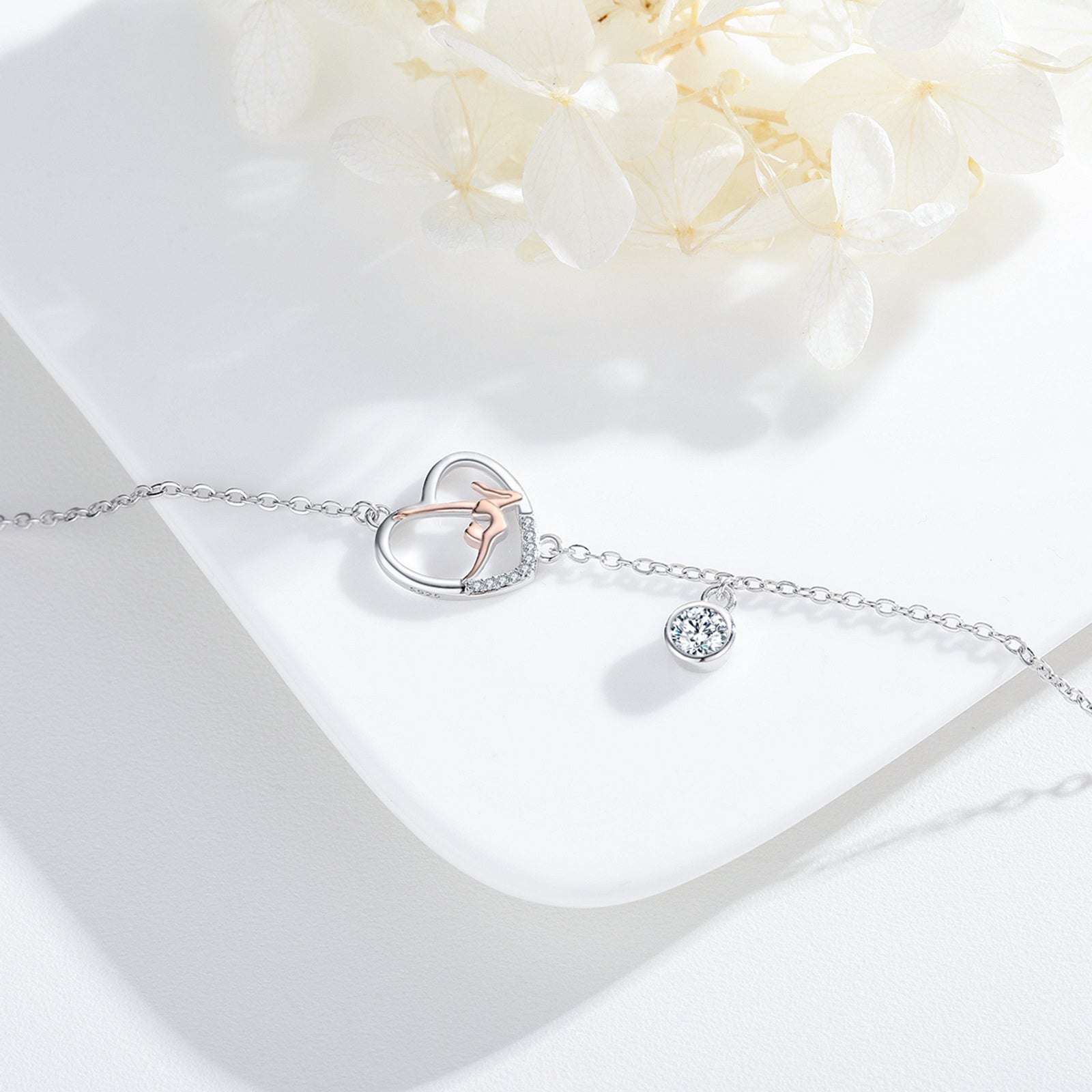 Sterling Silver Two-tone Circular Shaped Zircon Gymnastics Charm Bracelet