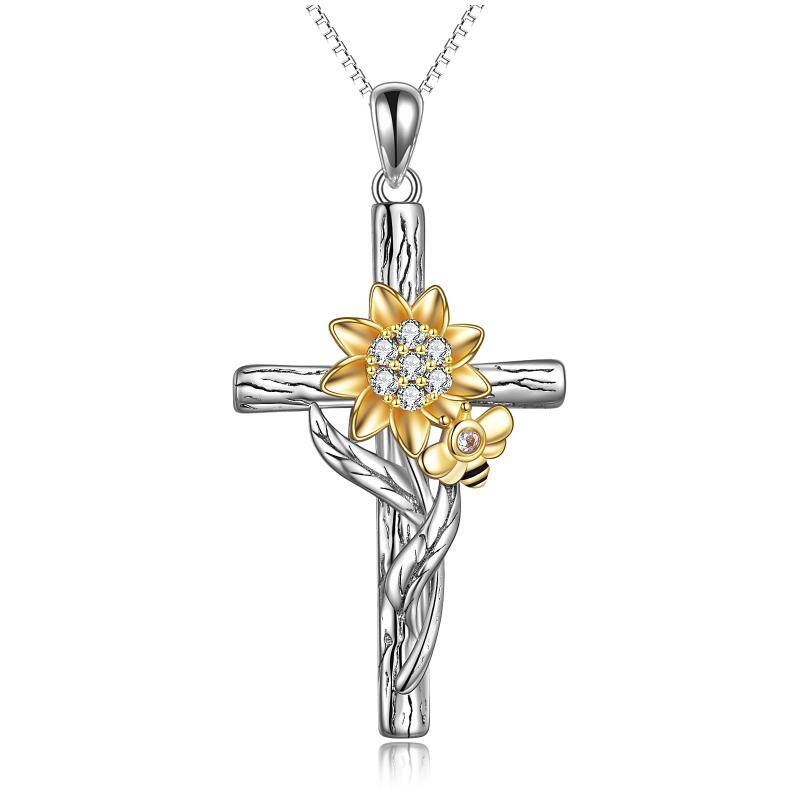 Sterling Silver Two-tone Circular Shaped Zircon Sunflower & Cross Pendant Necklace