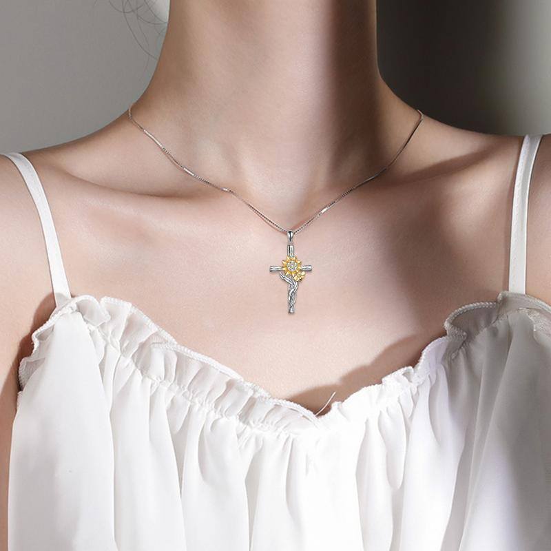 Sterling Silver Two-tone Circular Shaped Zircon Sunflower & Cross Pendant Necklace