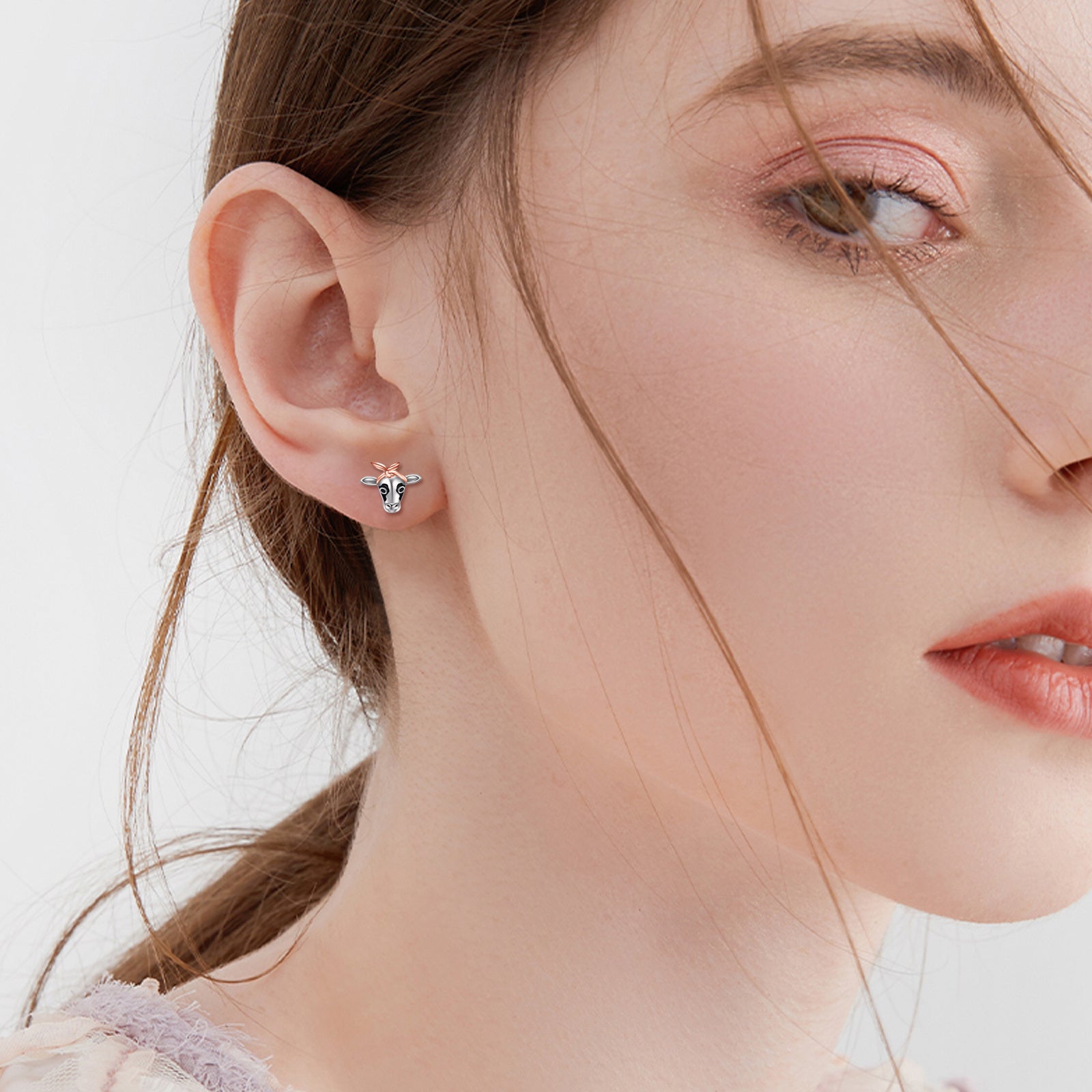 Sterling Silver Two-tone Cow & Bowknot Stud Earrings