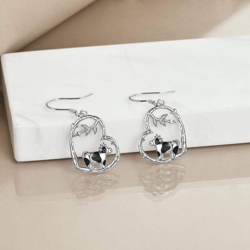 Sterling Silver Two-tone Cow & Heart Drop Earrings