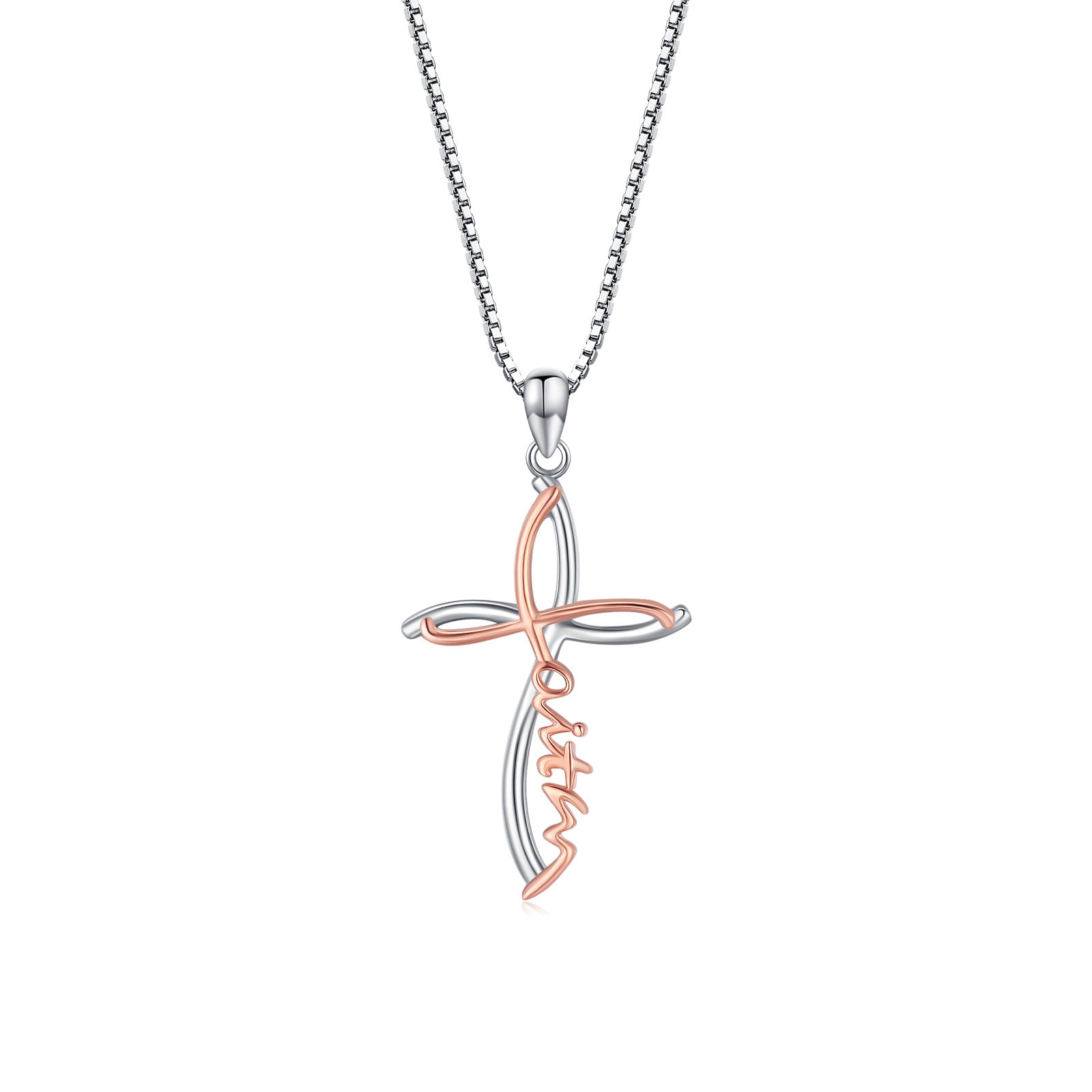 Sterling Silver Two-tone Cross Faith Pendant Necklace with Engraved Word