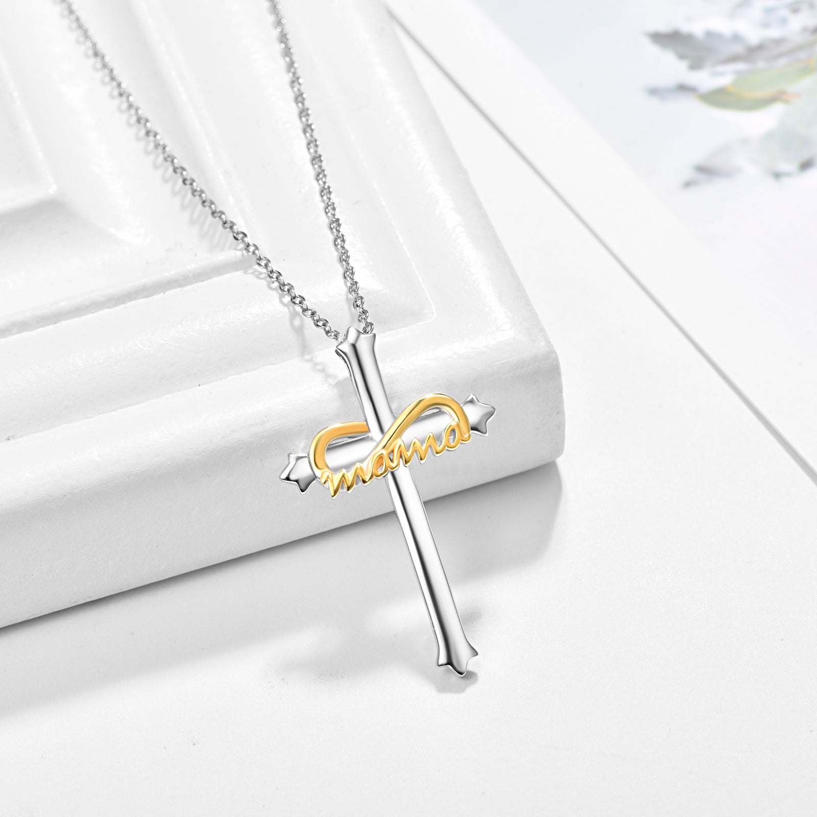 Sterling Silver Two-tone Cross Pendant Necklace with Engraved Word