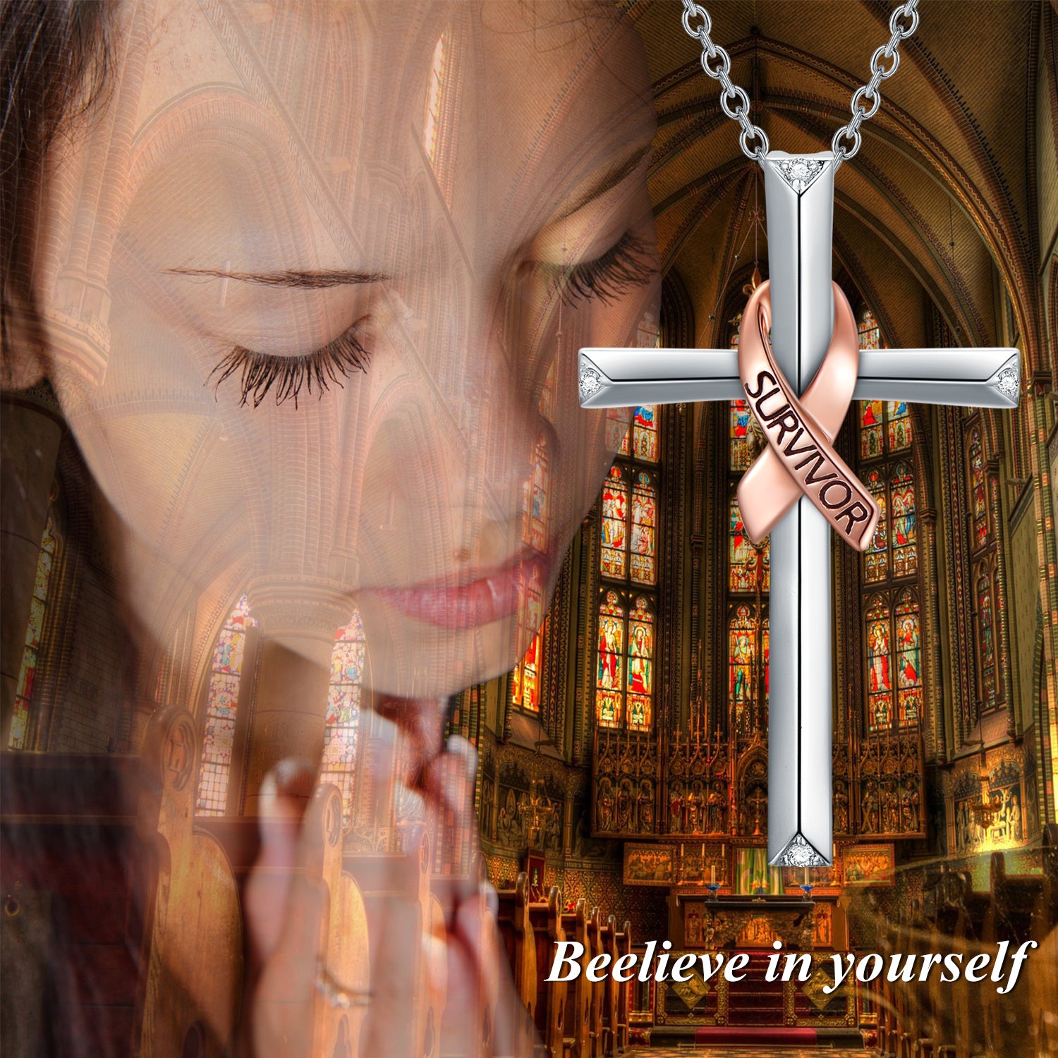 Sterling Silver Two-tone Cubic Zirconia Cross & Ribbon Pendant Necklace with Engraved Word