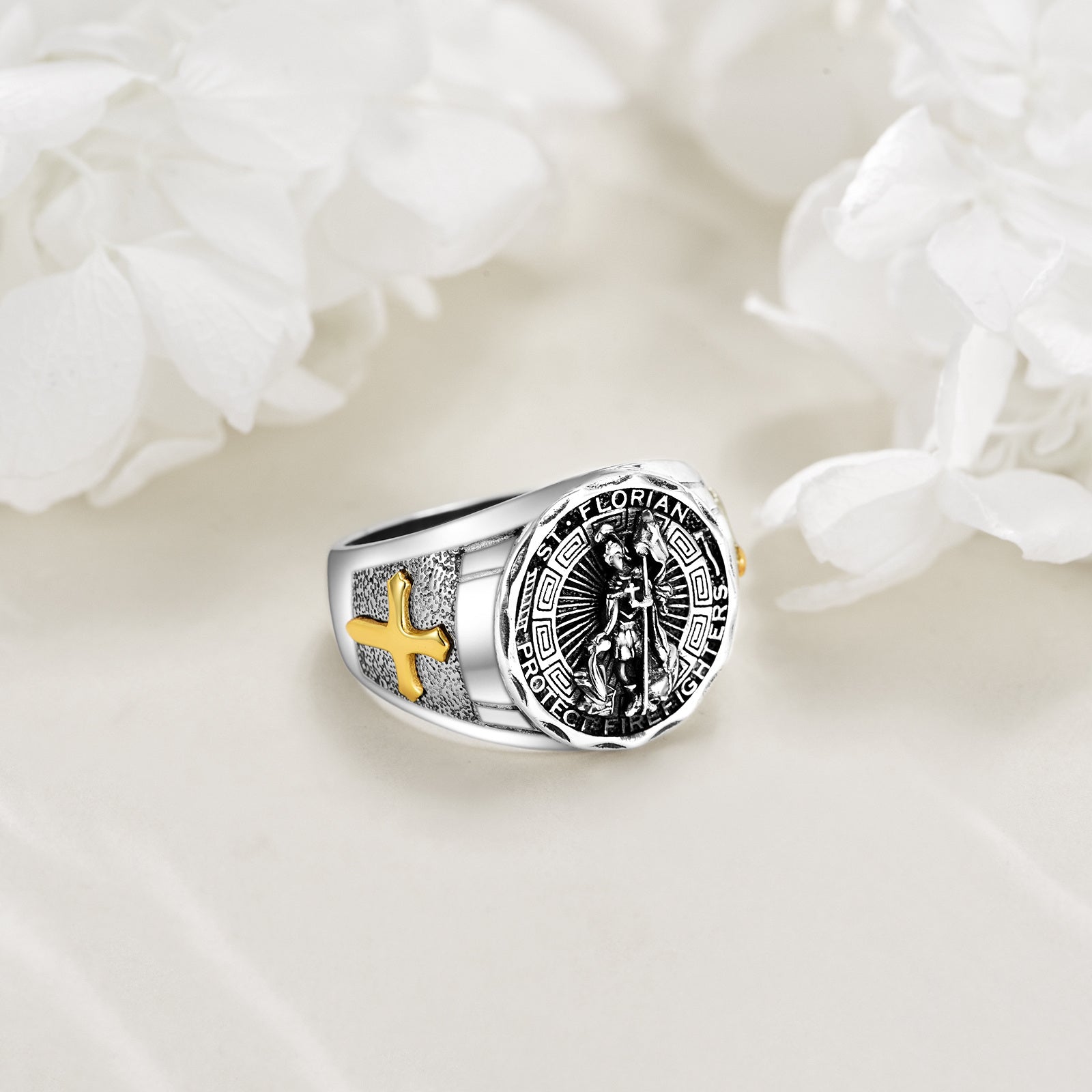 Sterling Silver Two-tone Cross & Saint Florian Signet Ring for Women Men