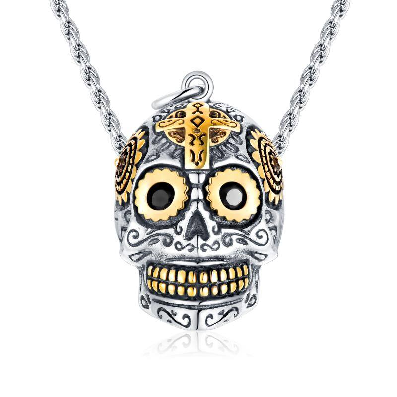 Sterling Silver Two-tone Cross & Skull Pendant Necklace