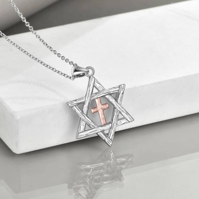 Sterling Silver Two-tone Cross & Star Of David Pendant Necklace