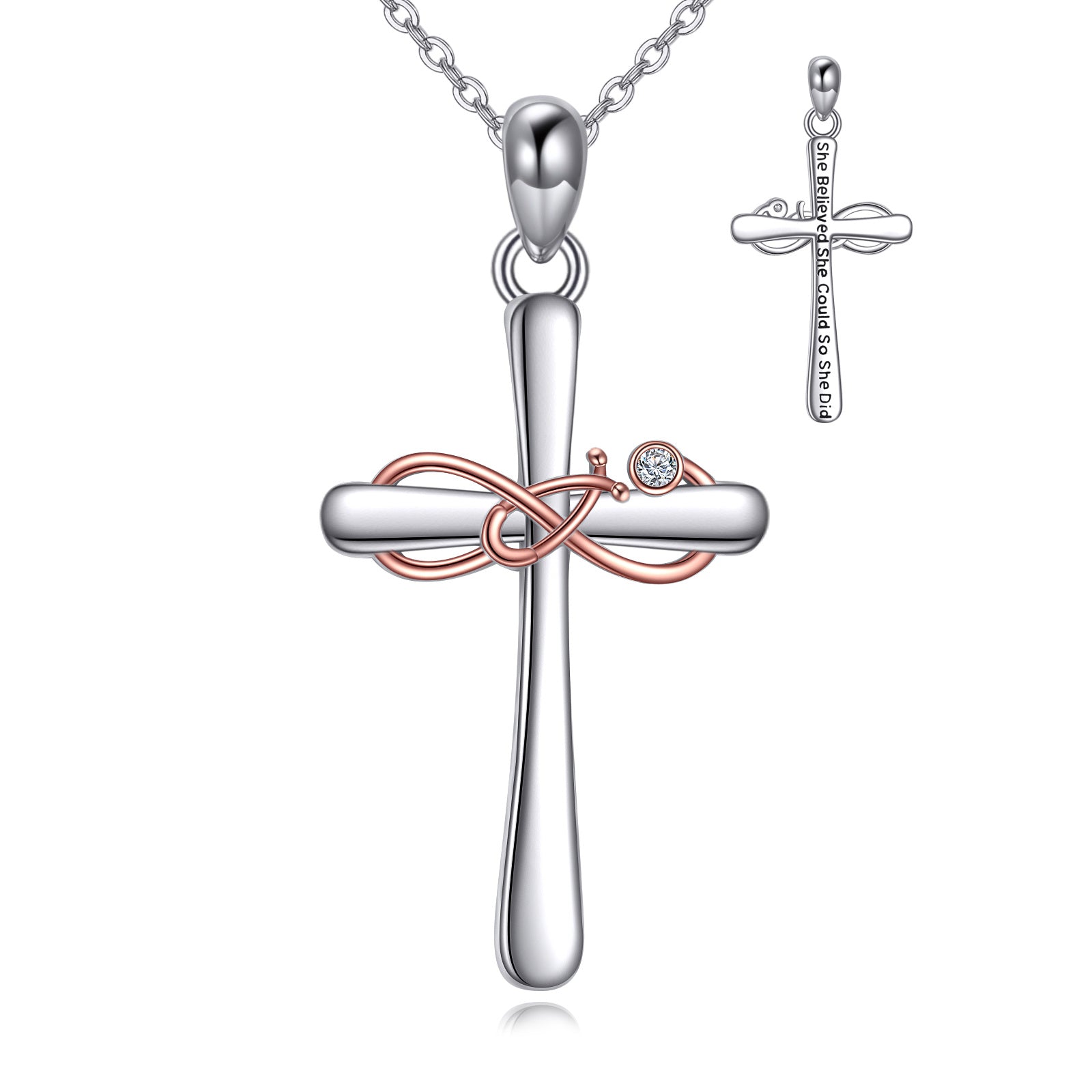 Sterling Silver Two-tone Cubic Zirconia Cross & Stethoscope Pendant Necklace