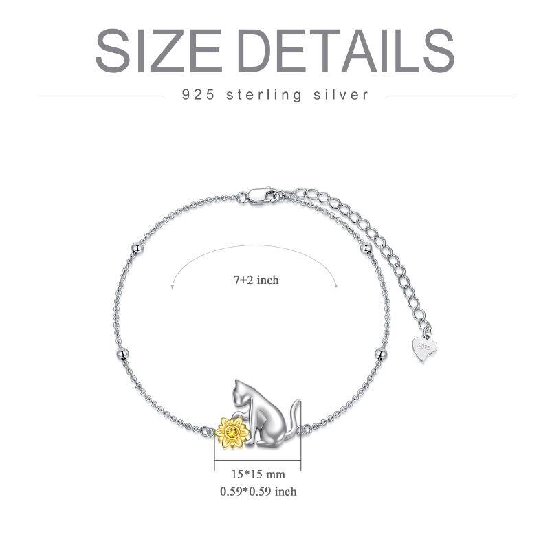 Sterling Silver Two-tone Crystal Cat & Sunflower Charm Bracelet