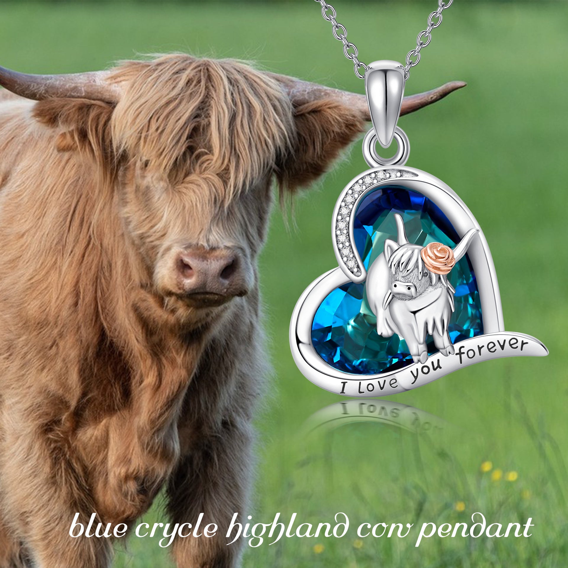 Sterling Silver Two-tone Crystal Cow Pendant Necklace with Engraved Word