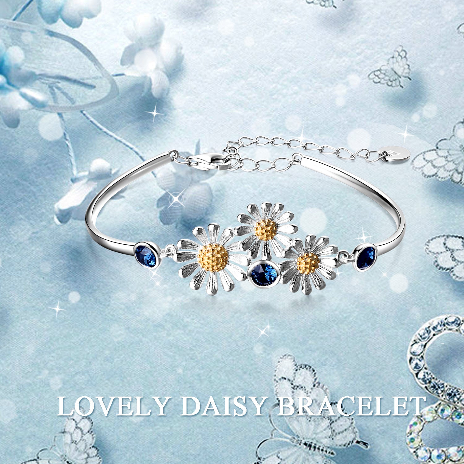 Sterling Silver Two-tone Crystal Daisy Pendant Bangle