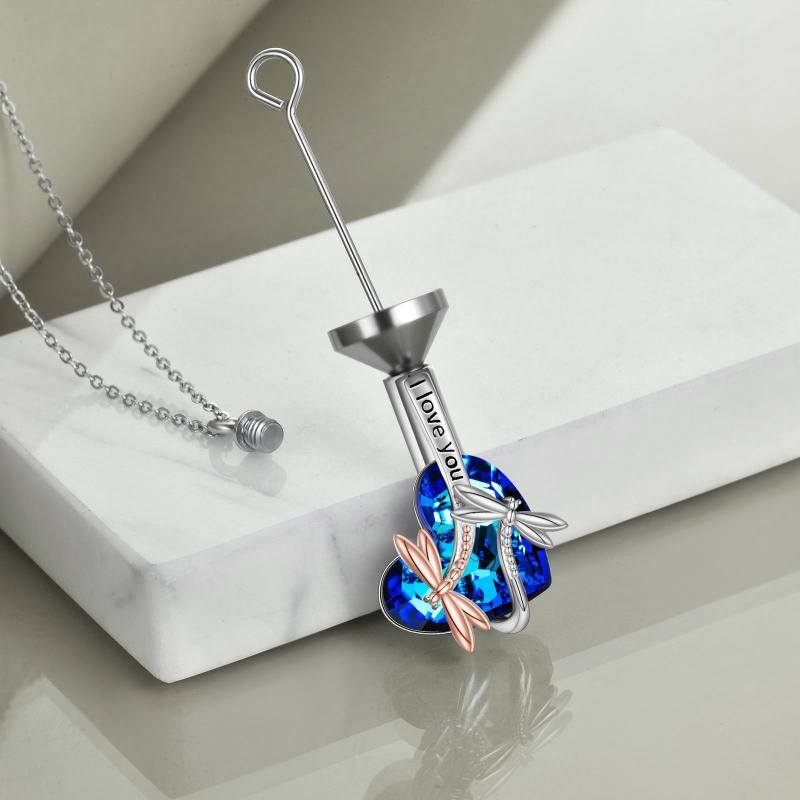 Sterling Silver Two-tone Crystal Dragonfly & Heart Urn Necklace for Ashes with Engraved Word