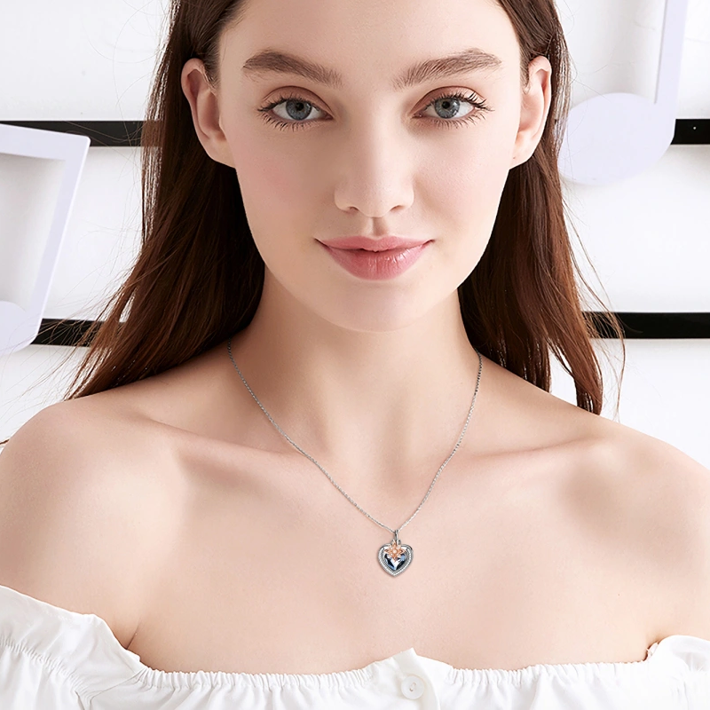 Sterling Silver Two-tone Crystal Flowers Heart Engraved Urn Necklace for Ashes for Women