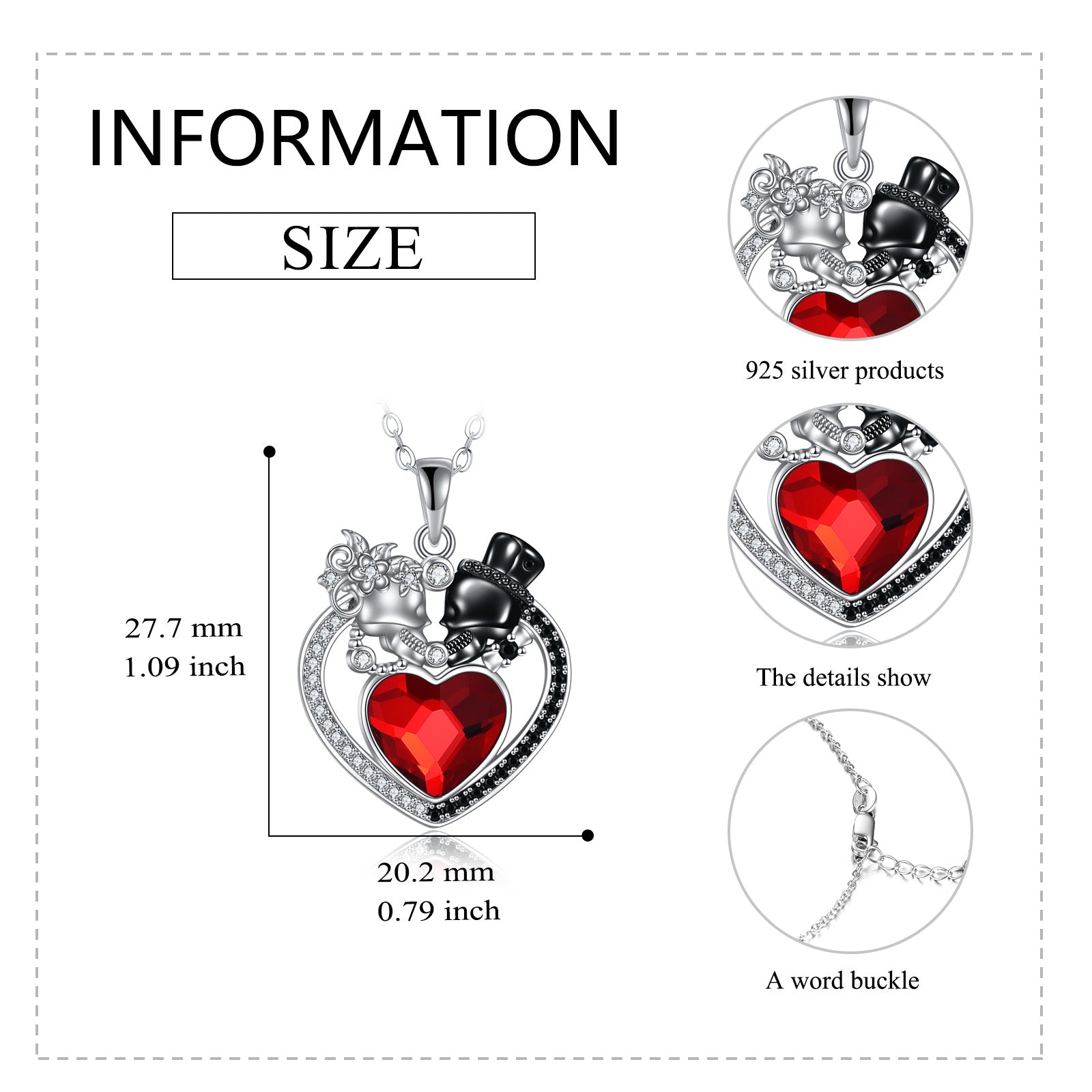 Sterling Silver Two-Tone Heart Crystal Cubic Zirconia Skull Pendant Necklace For Unisex