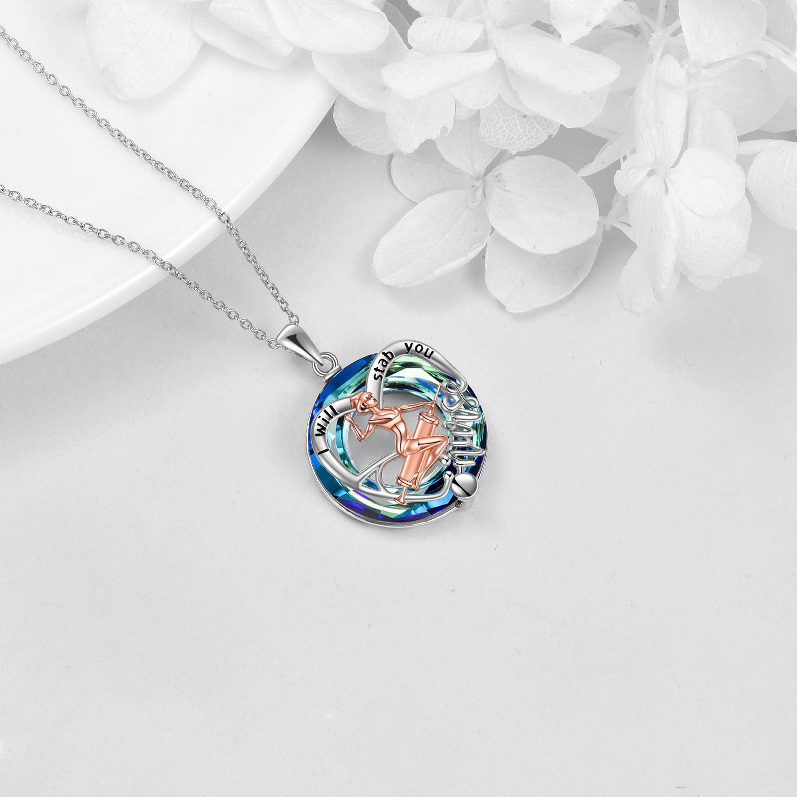 Sterling Silver Two-tone Heart Engraved Crystal Necklace for Women