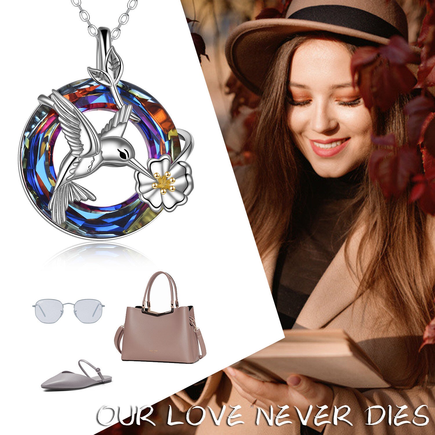 Sterling Silver Two-tone Crystal Hummingbird Urn Necklace for Ashes