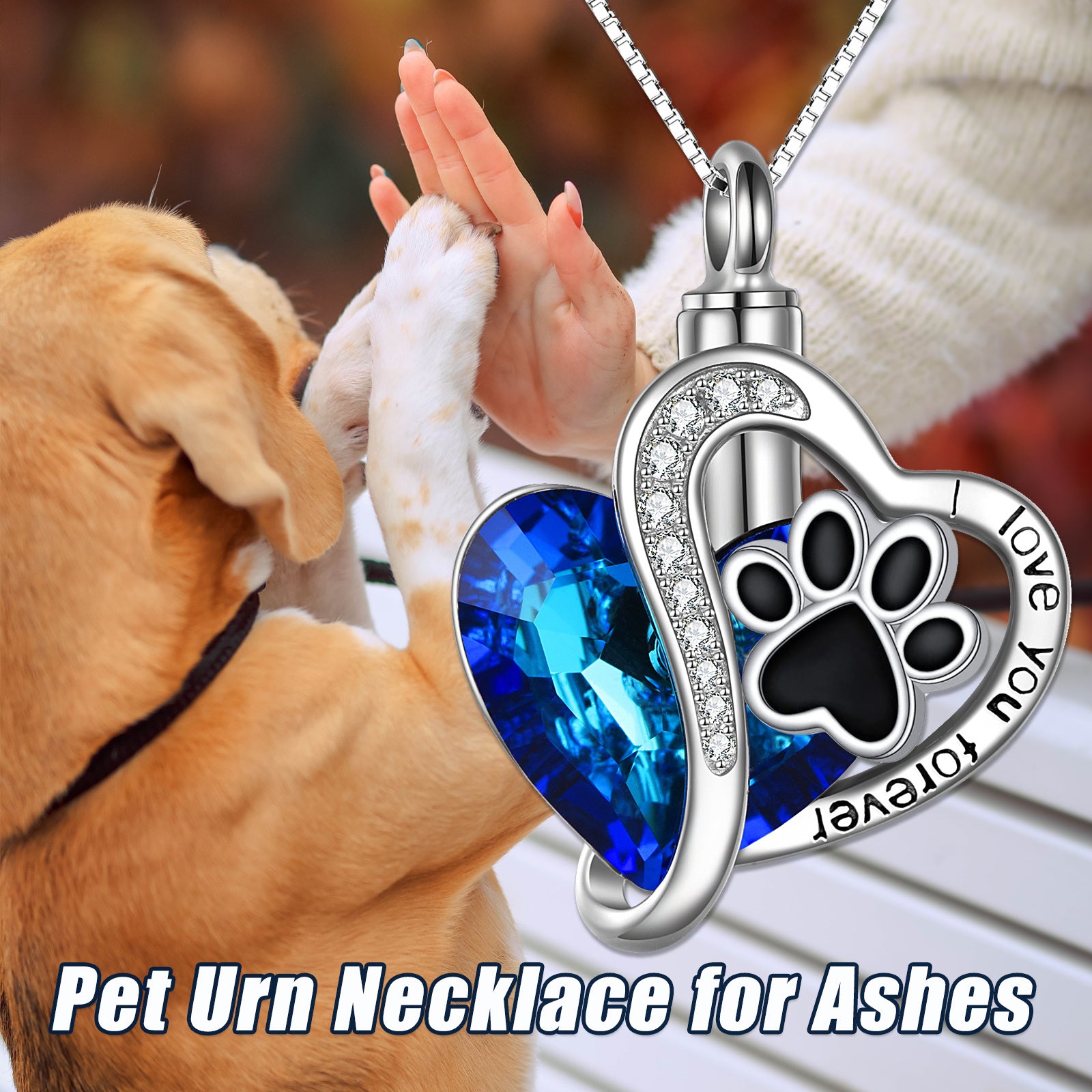 Sterling Silver Two-tone Crystal Paw & Heart Urn Necklace for Ashes