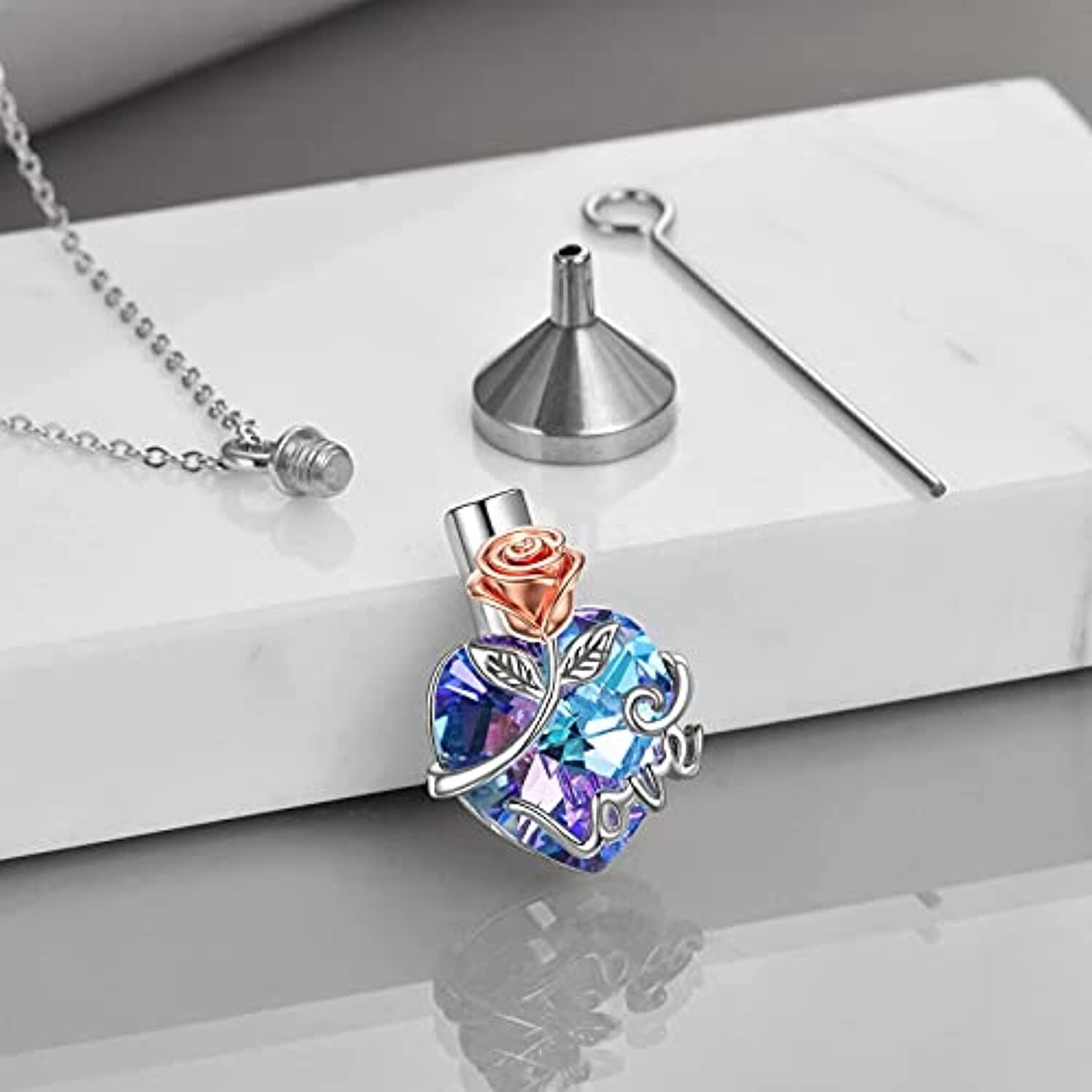 Sterling Silver Two-tone Crystal Rose & Heart Urn Necklace for Ashes
