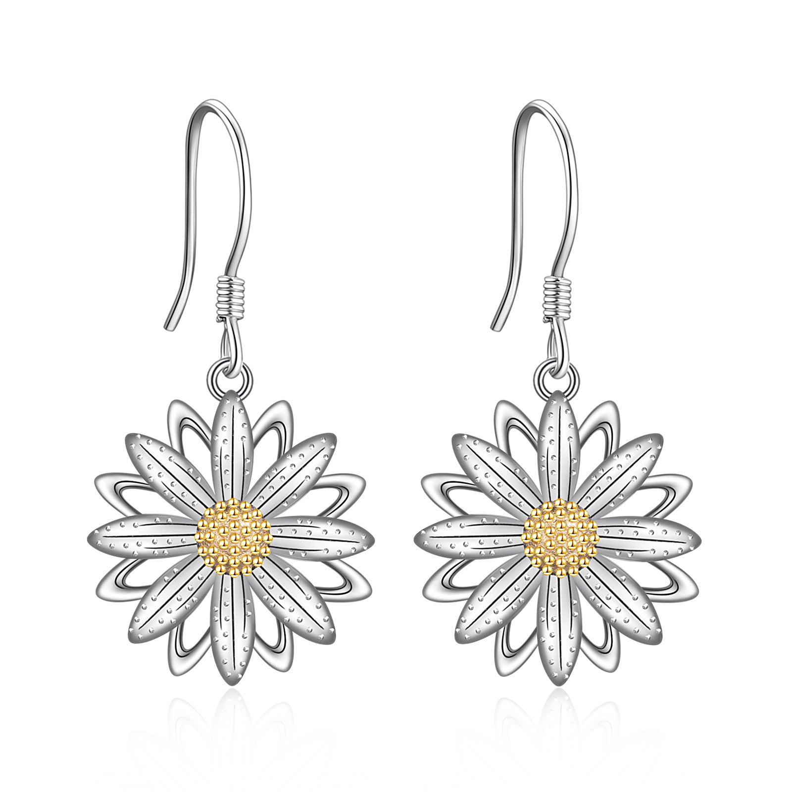 Sterling Silver Two-tone Daisy Drop Earrings