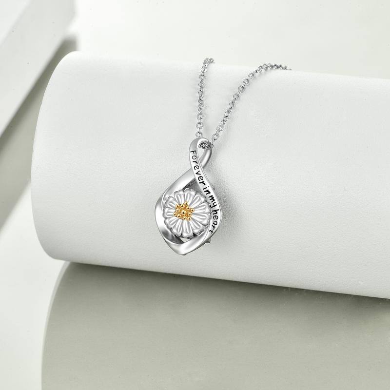 Sterling Silver Two-tone Daisy & Infinity Symbol Urn Necklace for Ashes with Engraved Word