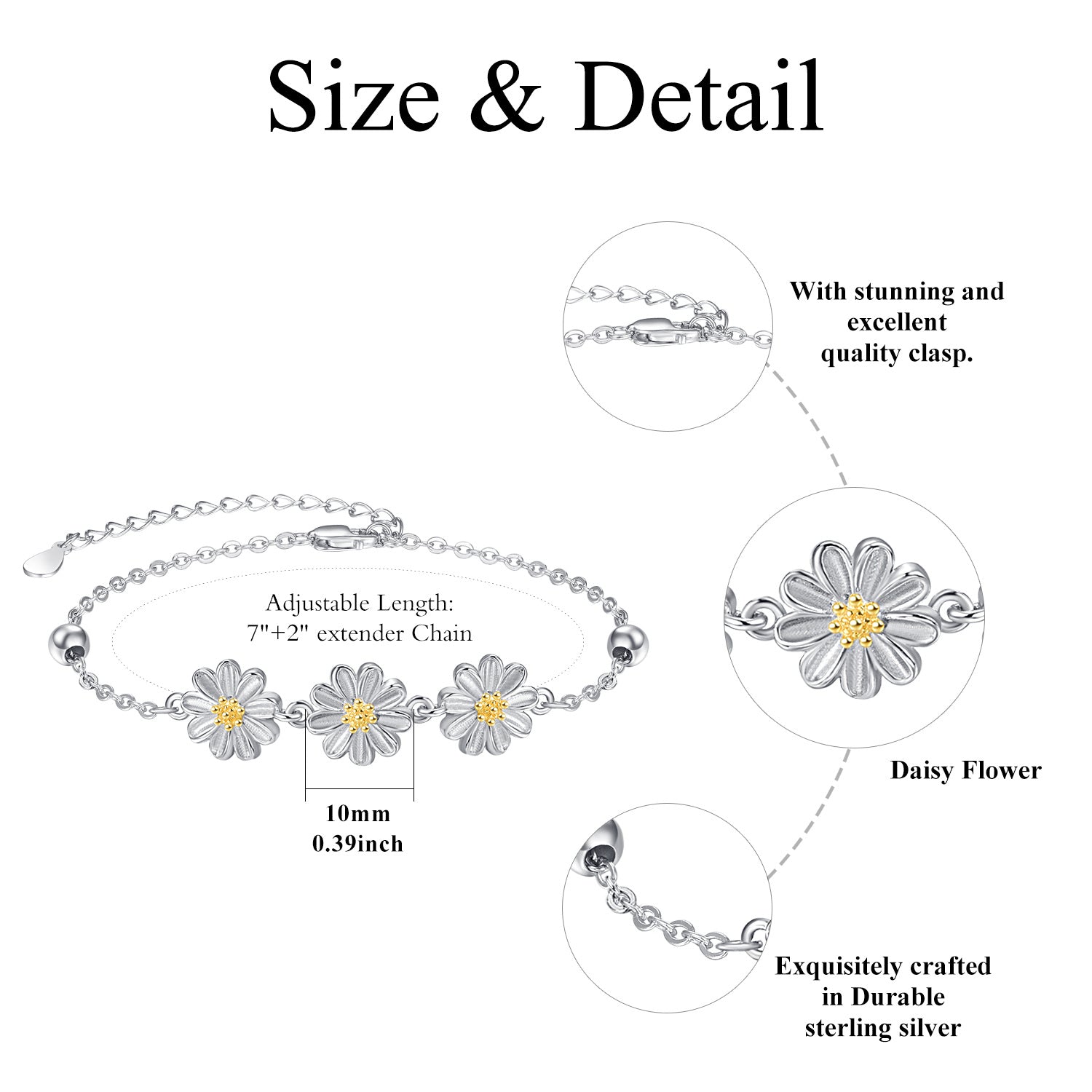 Sterling Silver Two-tone Cubic Zirconia Daisy Charm Bracelet