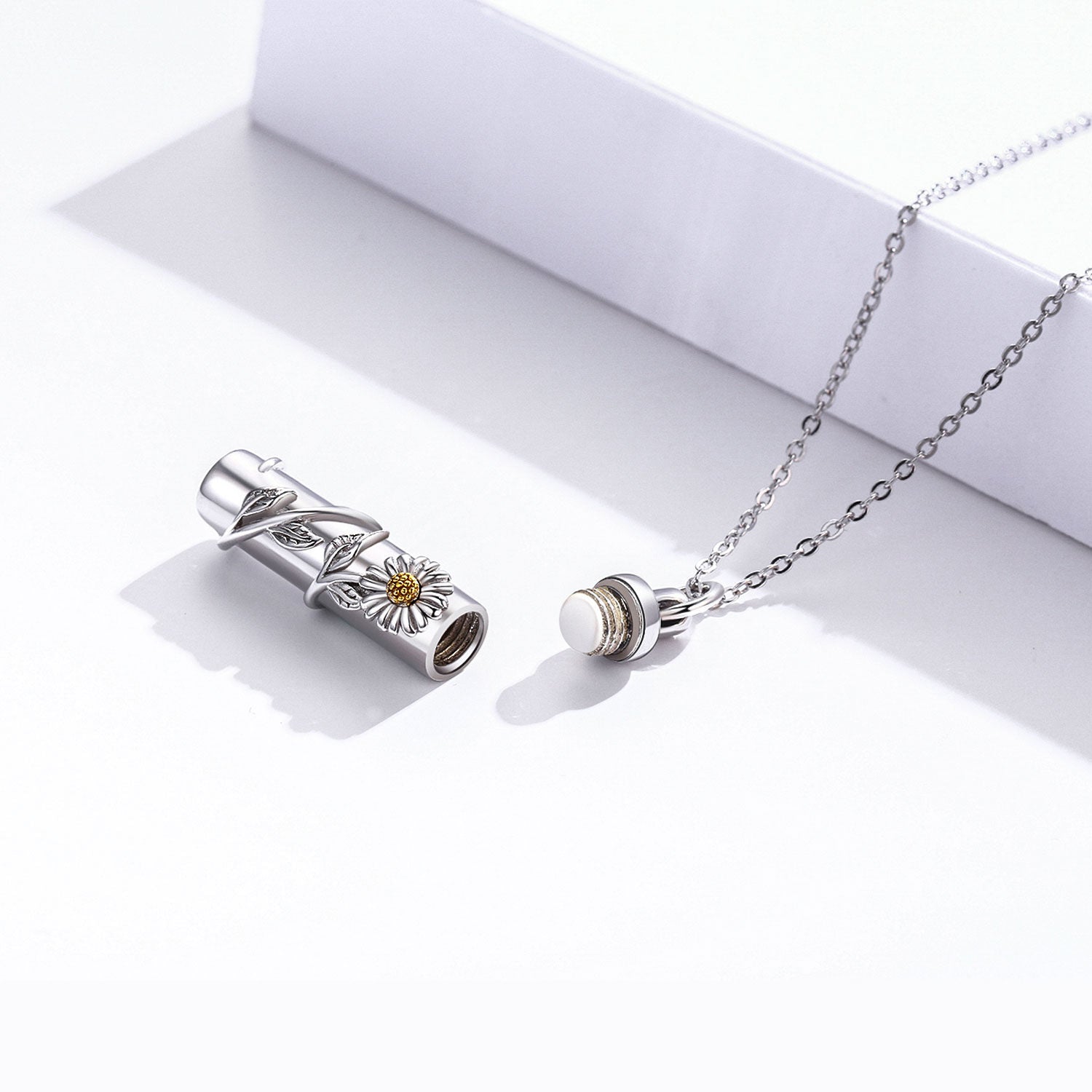 Sterling Silver Two-tone Daisy Urn Necklace for Ashes