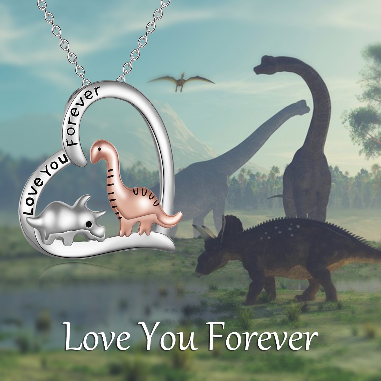 Sterling Silver Two-tone Dinosaur & Heart Pendant Necklace with Engraved Word