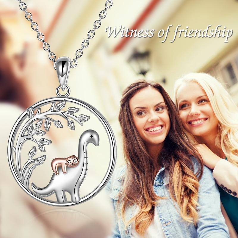 Sterling Silver Two-Tone Dinosaur & Sloth Tree Of Life Pendant Necklace For Unisex