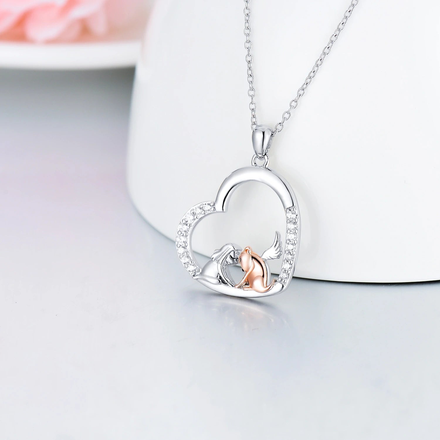 Sterling Silver Two-tone Cubic Zirconia Dog & Angel Wing Heart Pendant Necklace