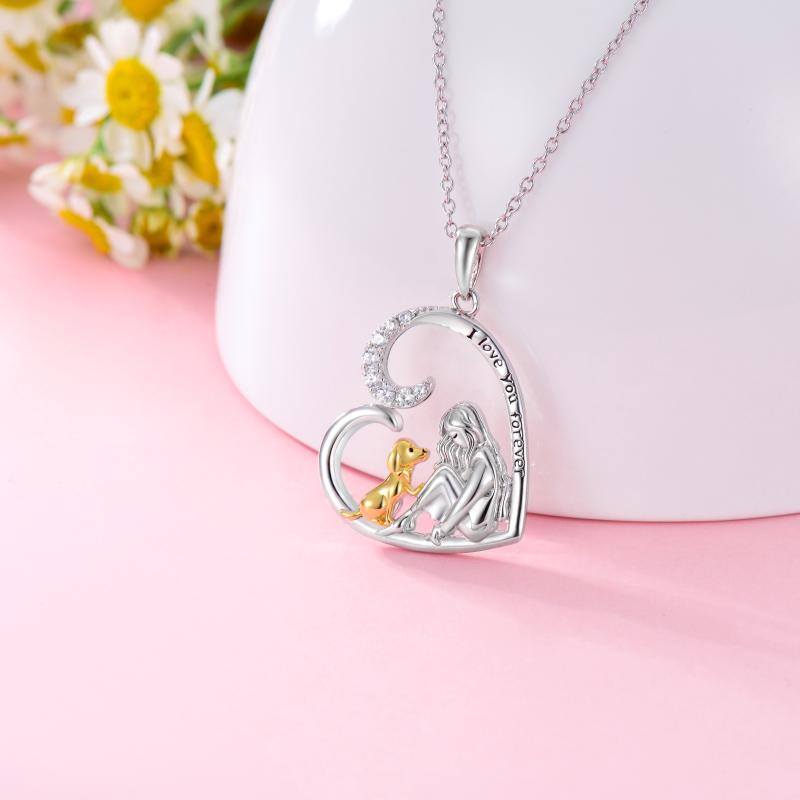Sterling Silver Two-tone Cubic Zirconia Dog & Girl Heart Pendant Necklace