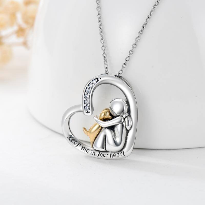 Sterling Silver Two-tone Cubic Zirconia Dog & Heart Urn Necklace for Ashes with Engraved Word