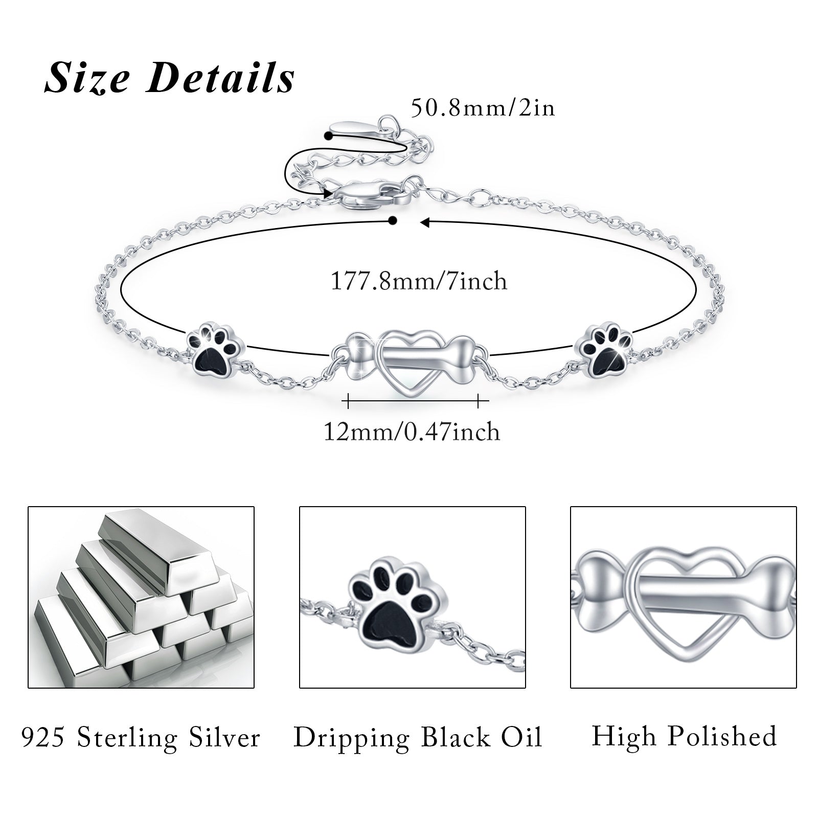 Sterling Silver Heart Dog Paw & Bone Charm Bracelet For Dog Lovers Girl