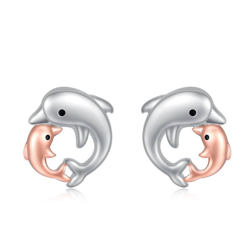 Sterling Silver Two-tone Dolphin Stud Earrings