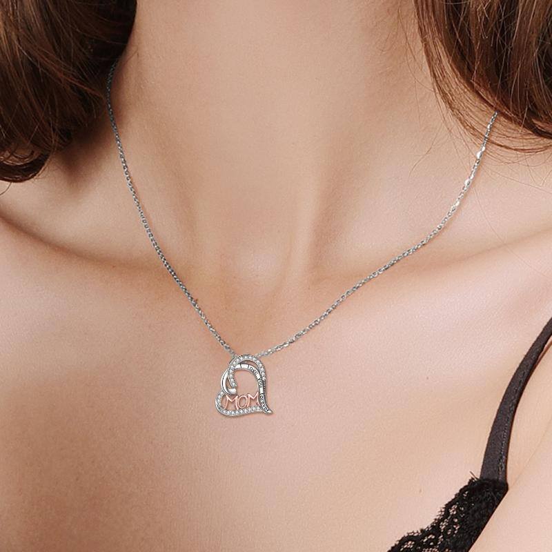Sterling Silver Two-tone Double Heart Pendant Necklace Engraved Mom I Love You Forever