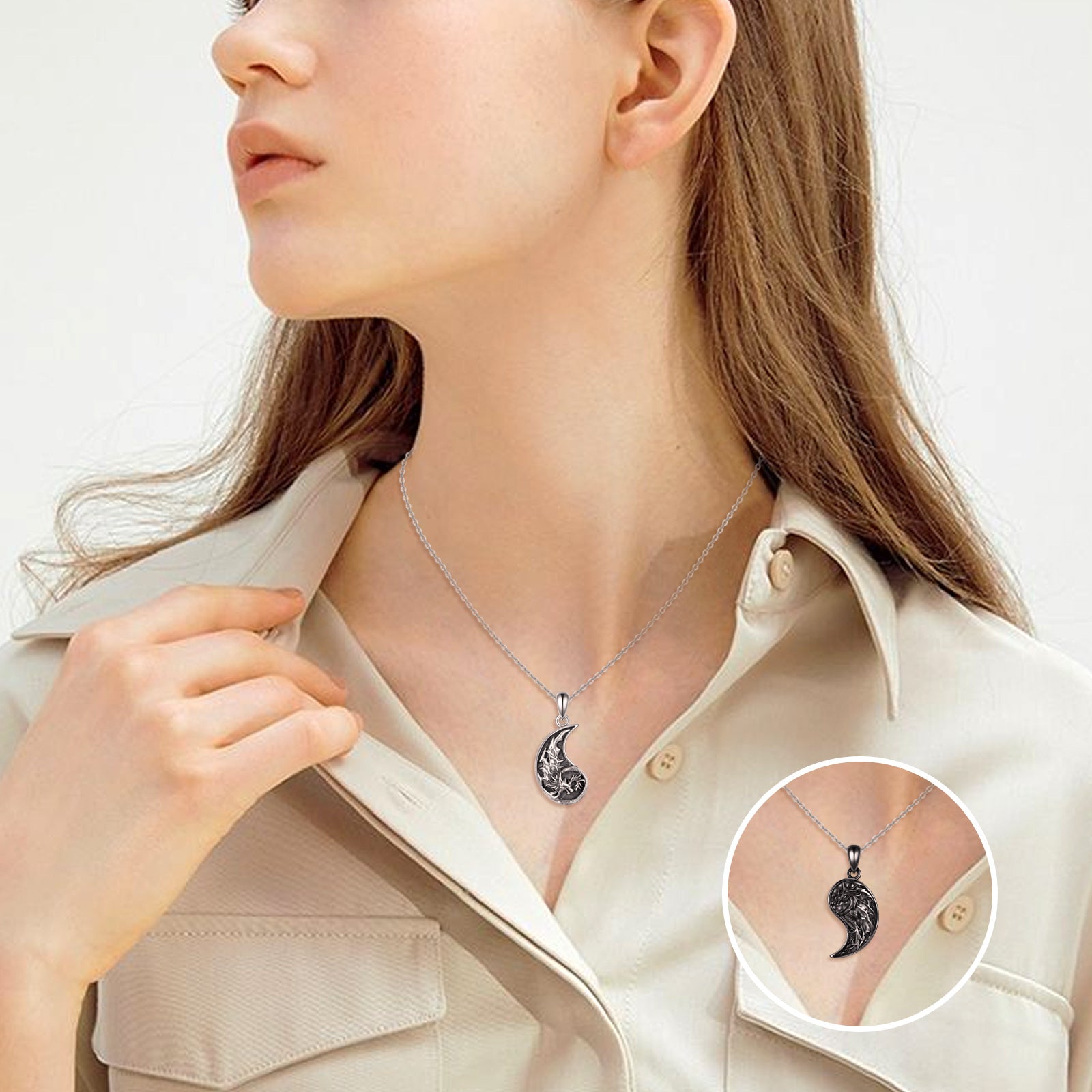 Sterling Silver Two-tone Dragon & Couple Pendant Necklace