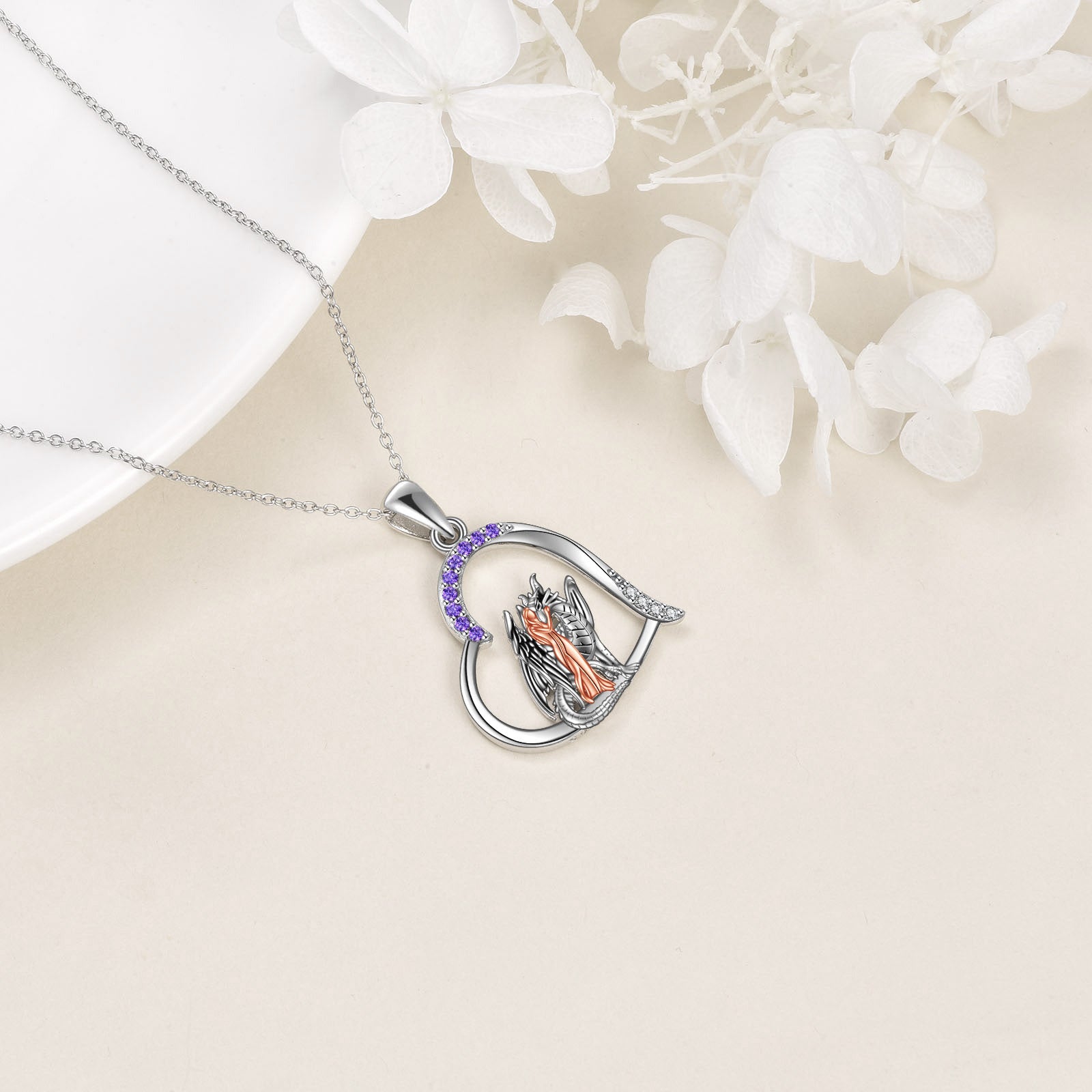 Sterling Silver Two-tone Cubic Zirconia Dragon Pendant Necklace