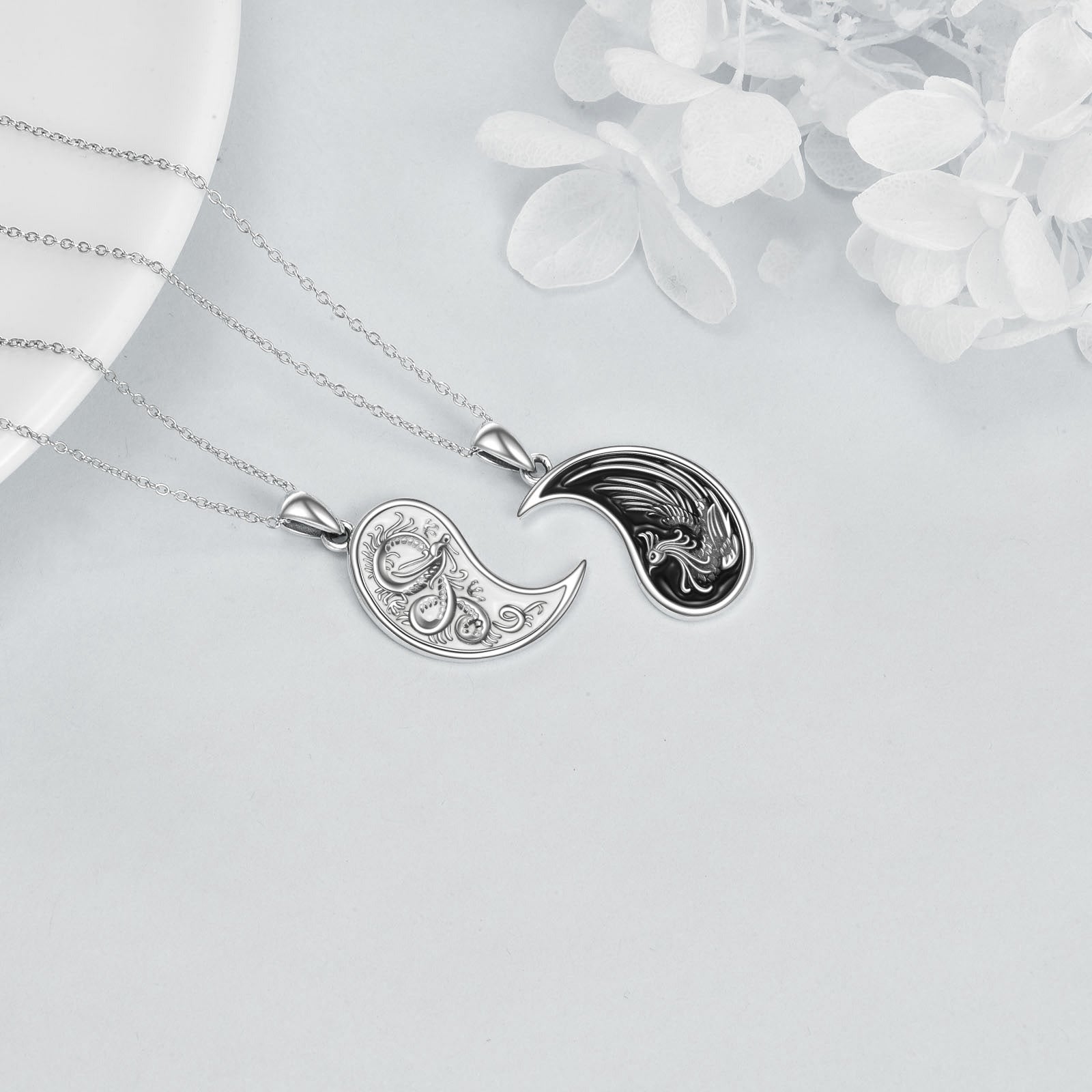 Sterling Silver Two-Tone Dragon Phoenix Yin Yang Pendant Necklace For Unisex