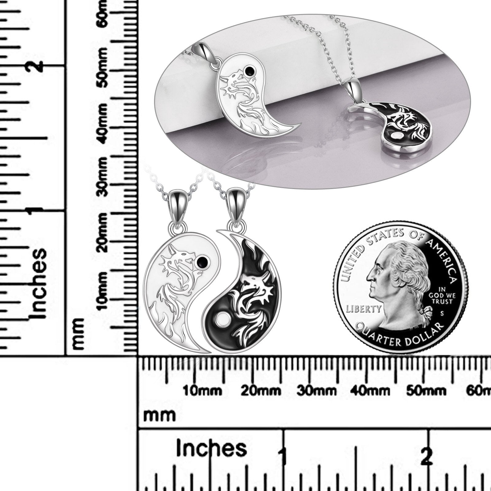 Sterling Silver Two-tone Dragon & Yin Yang Pendant Necklace