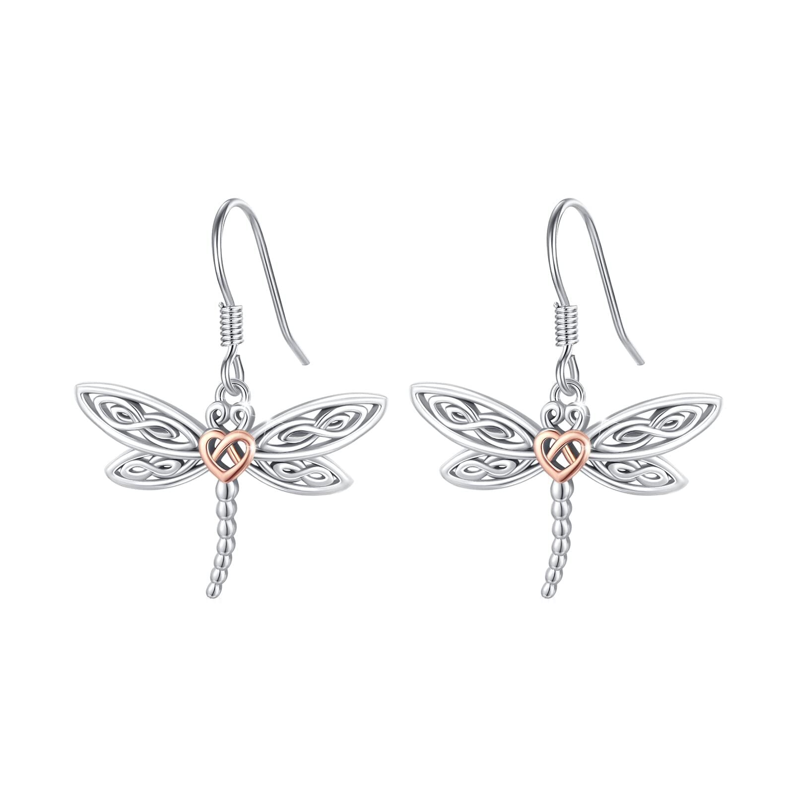 Sterling Silver Two-tone Dragonfly & Celtic Knot Drop Earrings