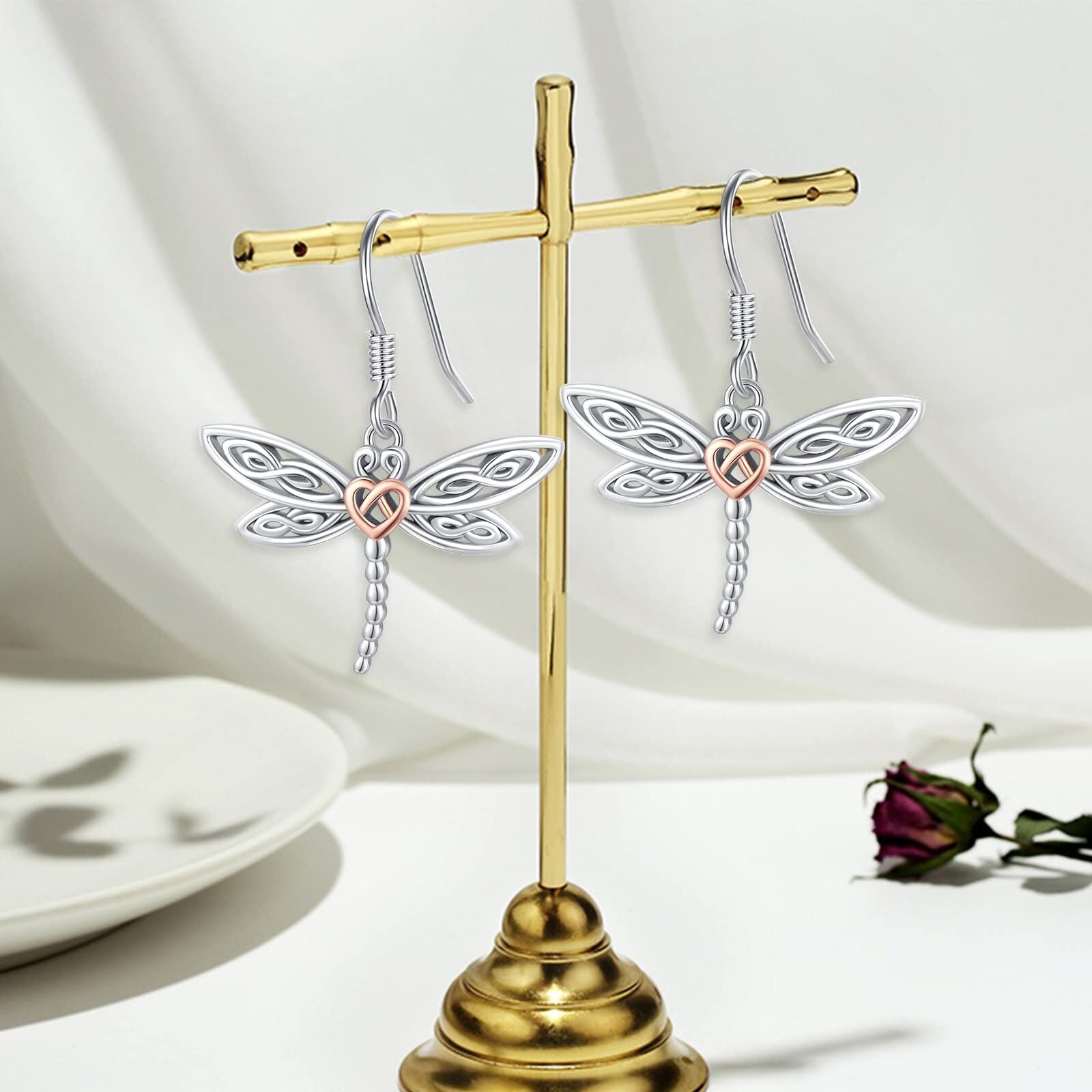 Sterling Silver Two-tone Dragonfly & Celtic Knot Drop Earrings